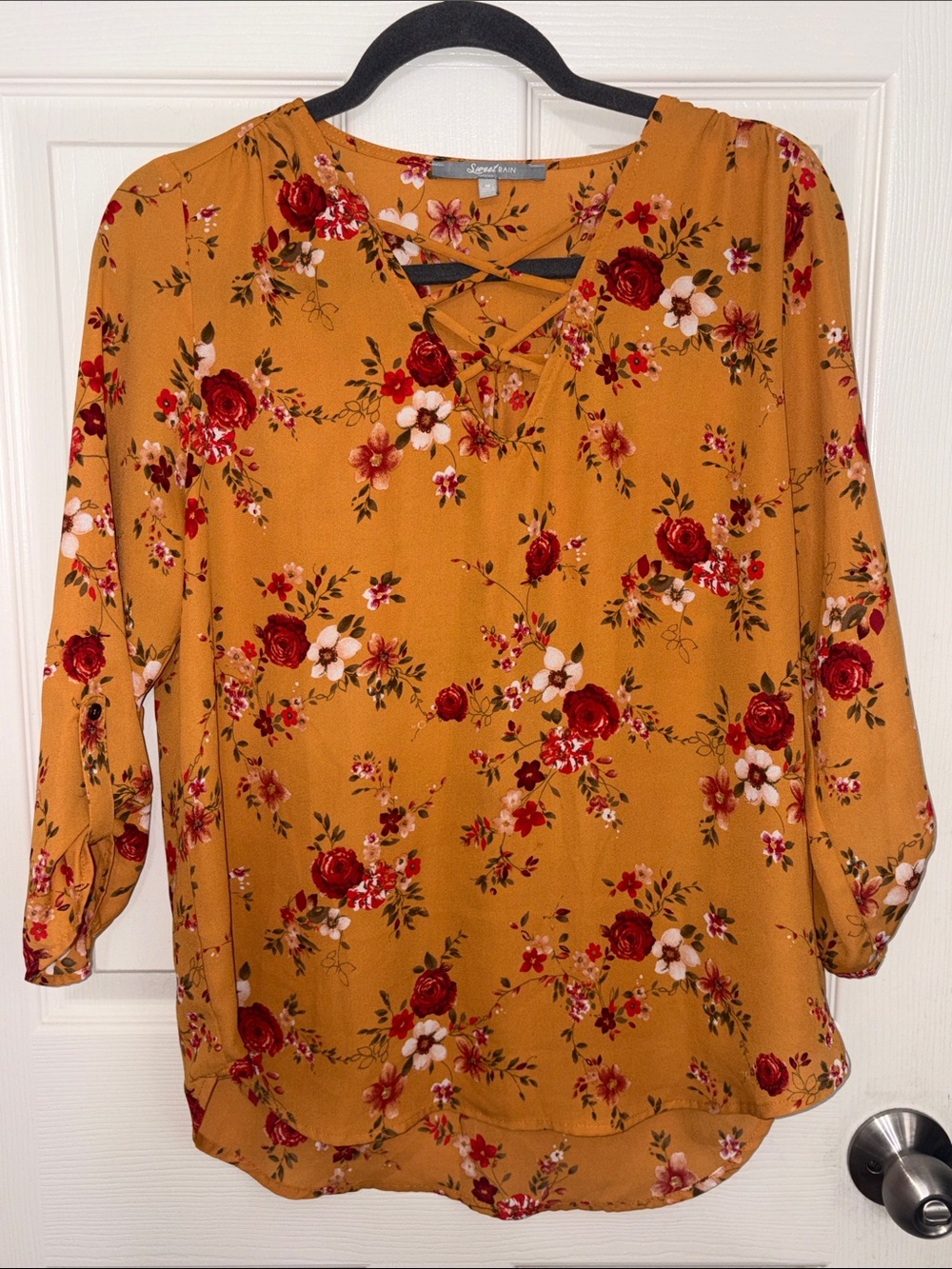 Sweet Rain Mustard Floral Lace-Up Blouse
